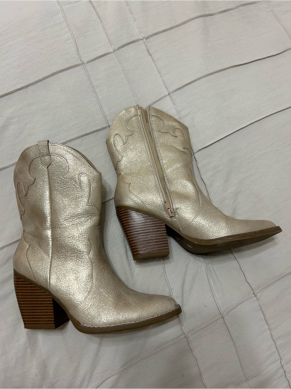 Mix No. 6 - Light Gold Metallic Cream Western Design Block Heel Mid-Calf Boots